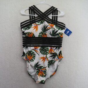 Hilor Swimsuit Womens XL Tropical One Piece Cross Strap Floral Bathing Suit‎ New